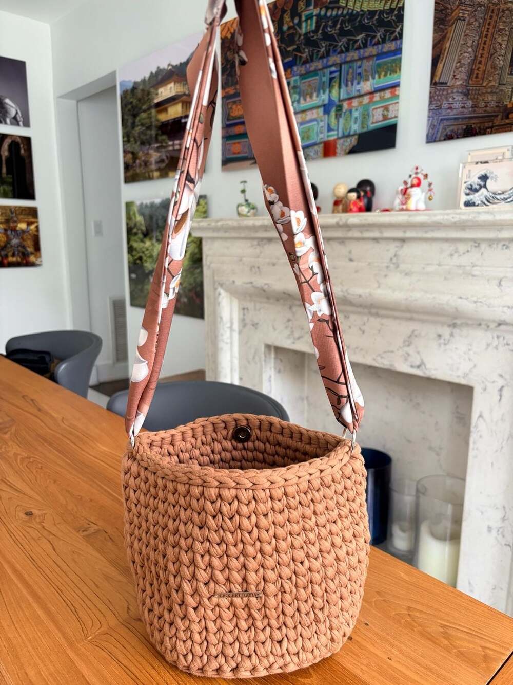 Handmade Boho Cottagecore Crochet Bucket Bag with Floral Print Ribbon Strap